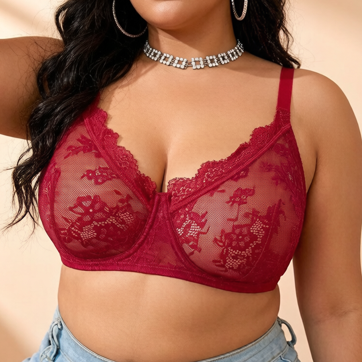 Women Plus Size Red Lace Sheer - Sheer Bra Lace recensie en prijs